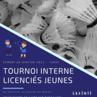 INSCRIPTIONS TOURNOI INTERNE JEUNES DU SAMEDI 28 JANVIER 2023 à partir de 13h30