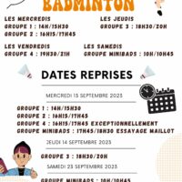 Dates et horaires reprise école de badminton