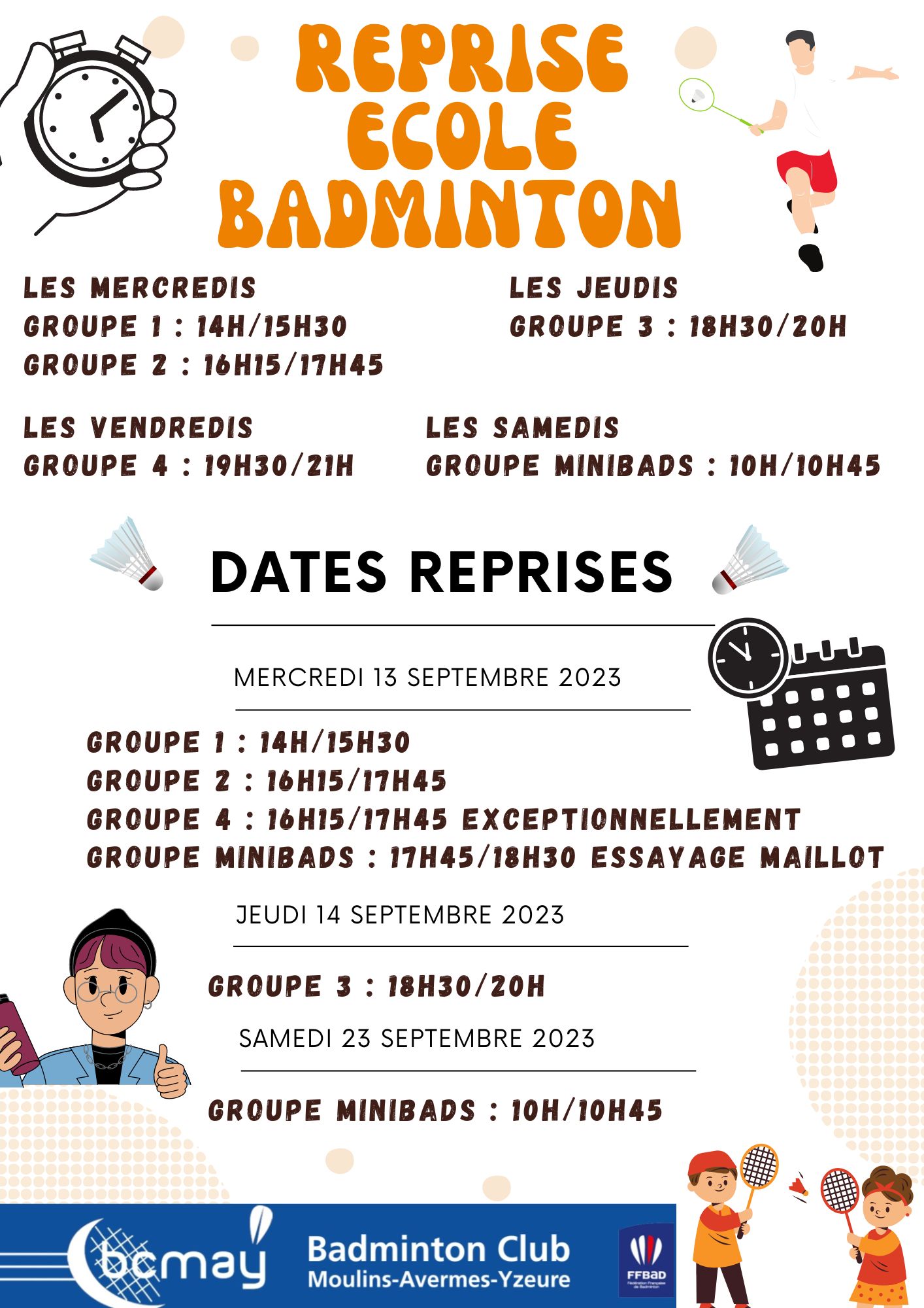 Dates et horaires reprise école de badminton