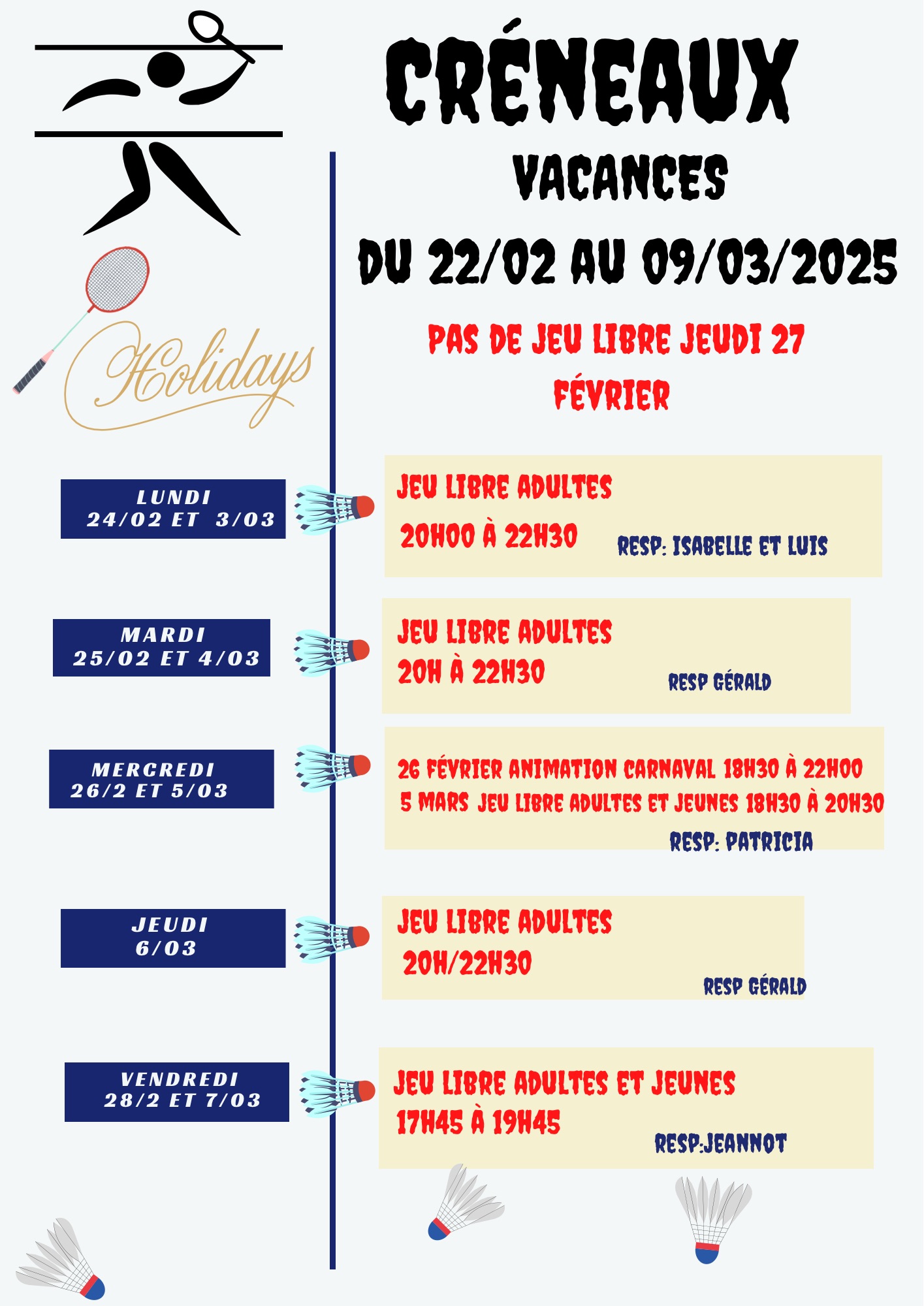 Horaires vacances février 2025