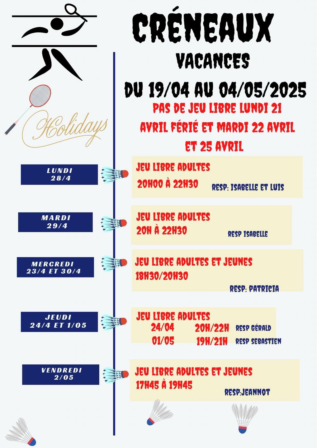 Horaires vacances de paques 2025