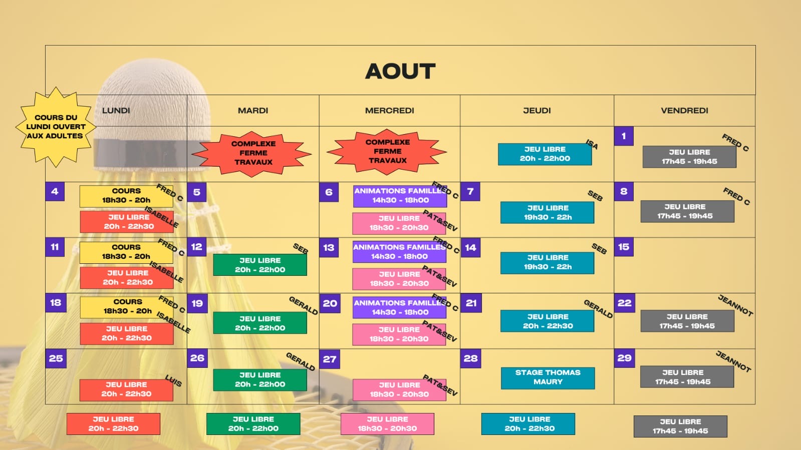 Créneaux août 2025